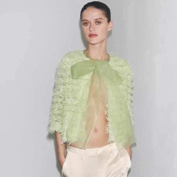 Zara Sweaters - NWT Zara Woman Bloggers Fav FRINGED ORGANZA TIE BOW Cardigan Jacket Green Size M